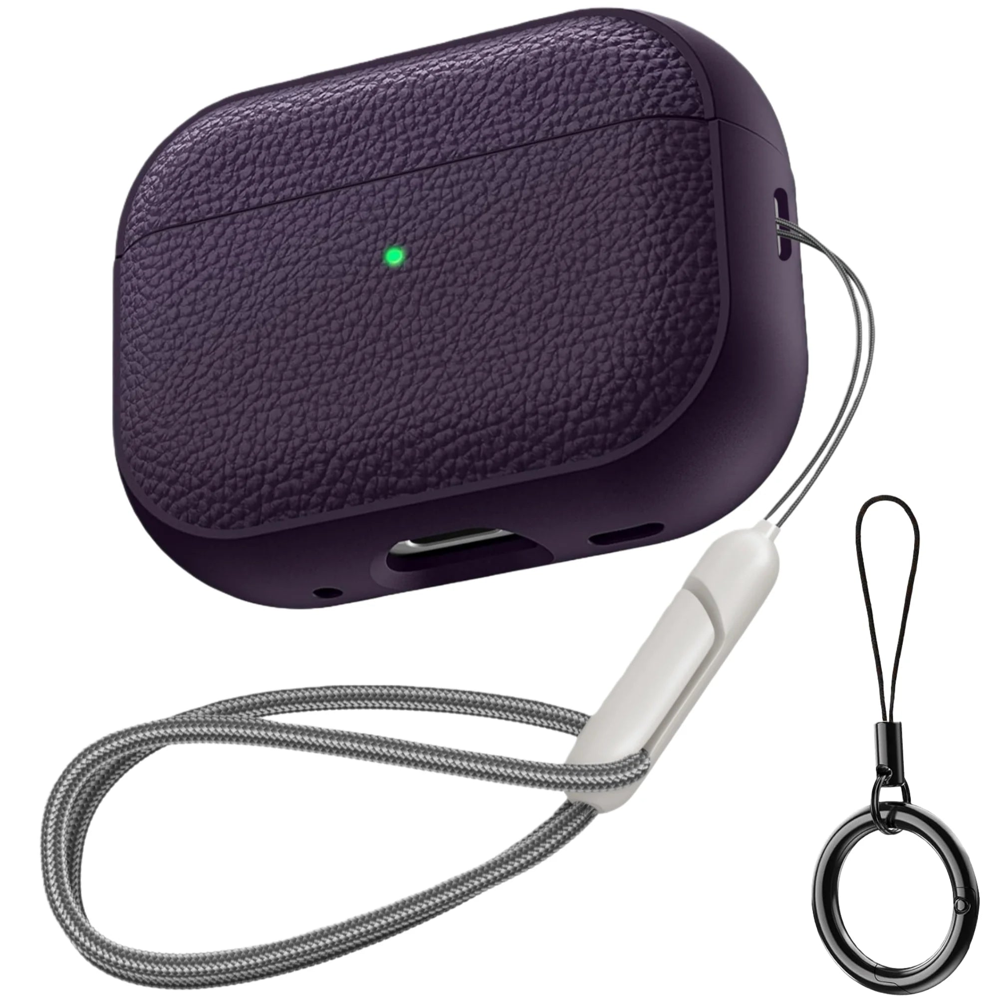 Amethyst purple TPU AirPods case with keychain ring and woven lanyard strap