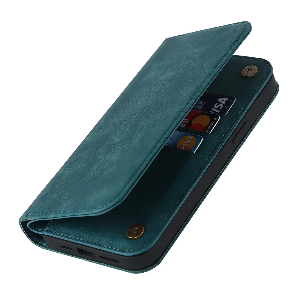 Kickstand MagSafe wallet in teal with flip cover and card slots, shown open