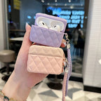 Quilted leather AirPods case set with lanyard straps—lavender and cream