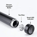 Dual-wall smart thermos with open mouth, tea filter insert, and LED indicator base