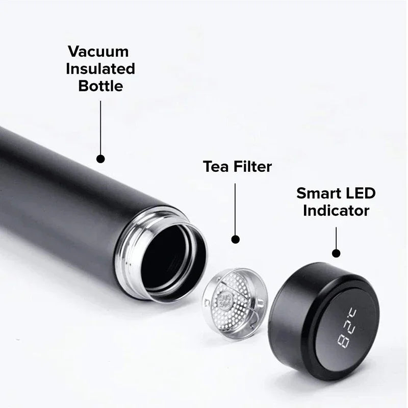 Dual-wall smart thermos with open mouth, tea filter insert, and LED indicator base