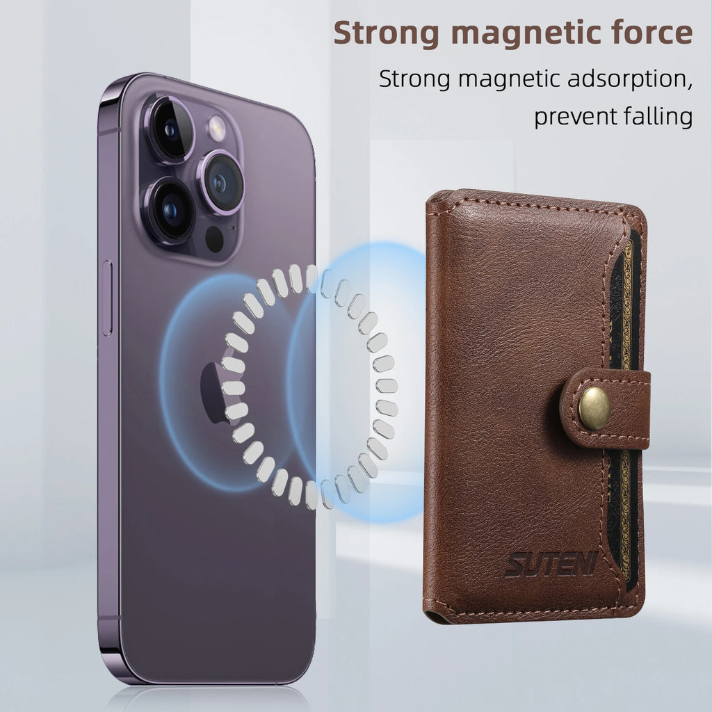 Brown leather phone wallet shown with phone back, featuring magnetic snap closure