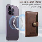 Brown leather phone wallet shown with phone back, featuring magnetic snap closure