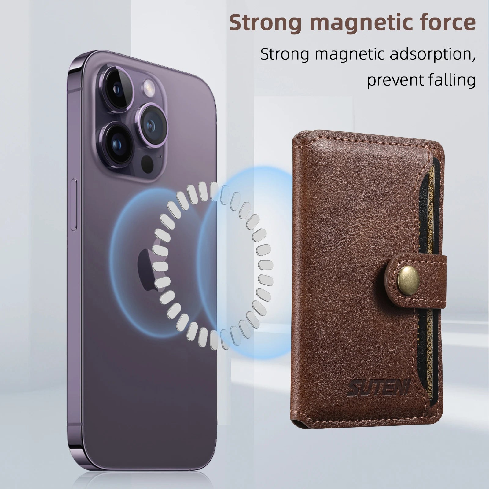 Brown leather phone wallet shown with phone back, featuring magnetic snap closure