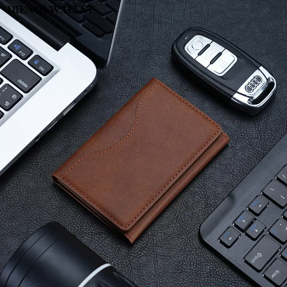 Brown PU leather card holder wallet with stitched edges, paired with phone