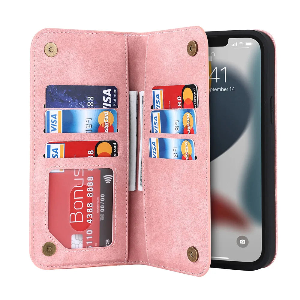 Pink open phone wallet with card slots and phone screen in view