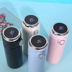 Compact smart thermos, 400ml set showing temperature displays on four colors