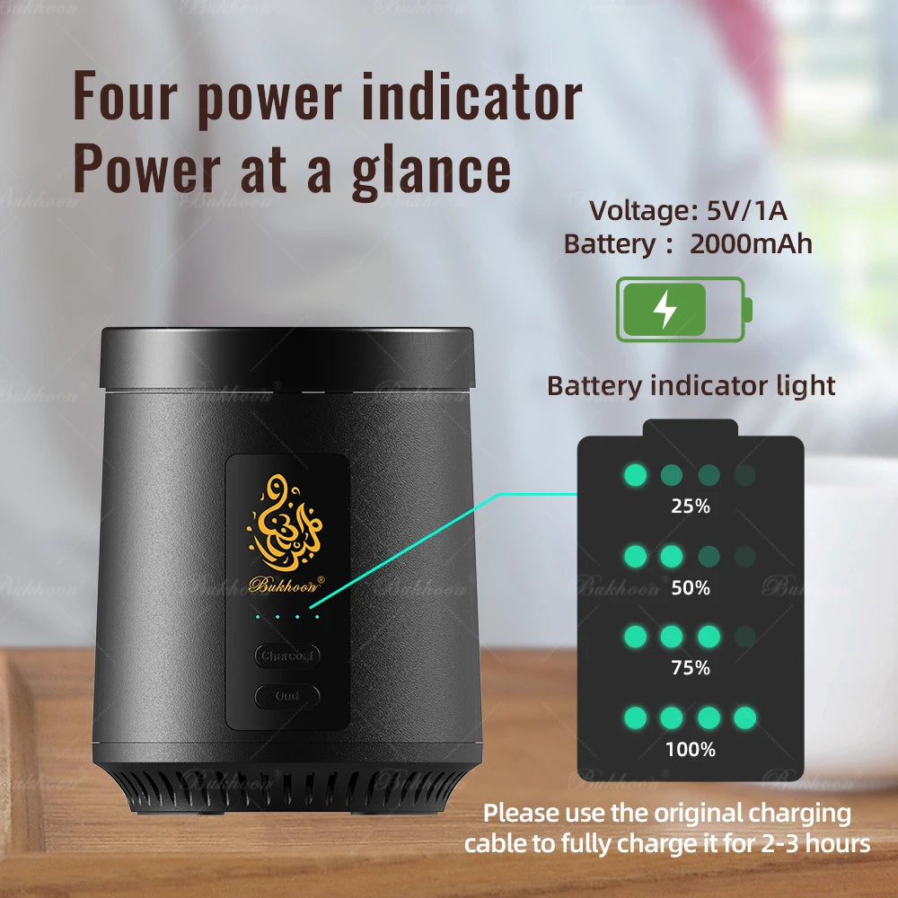 Portable bakhoor burner with power indicator lights and charging/battery info