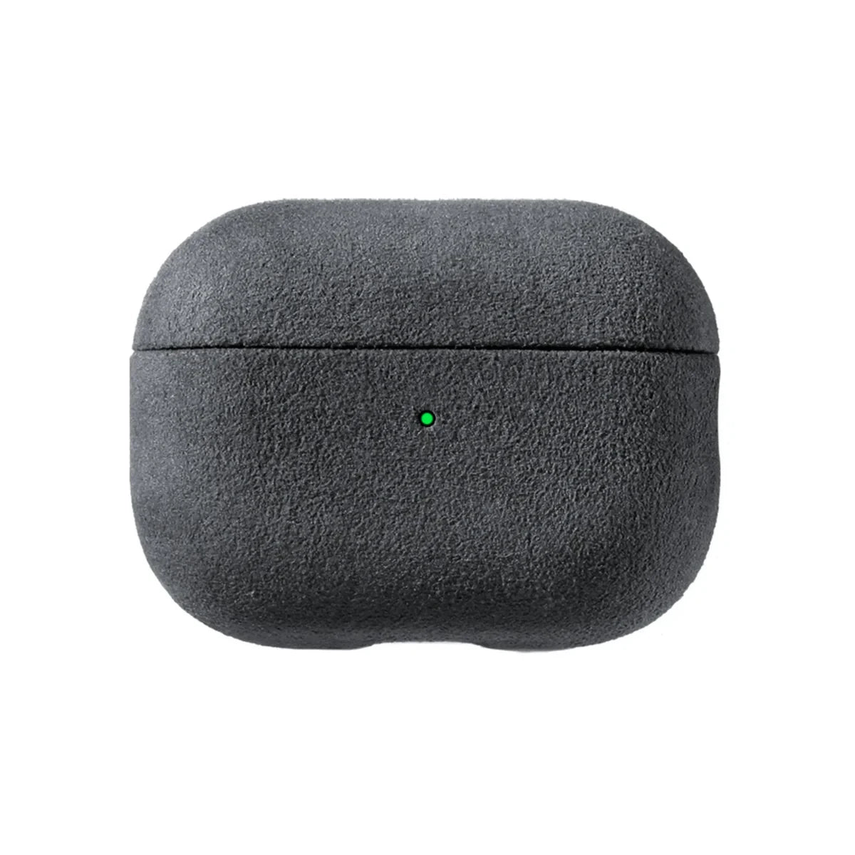 Alcantara AirPods case in dark gray, closed with textured surface and green dot