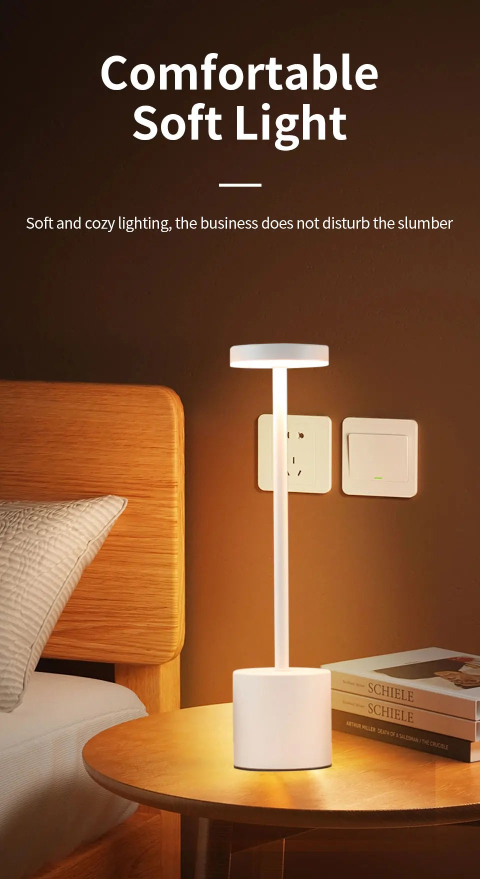 White classic stepless dimming table lamp with cylindrical base and glowing top