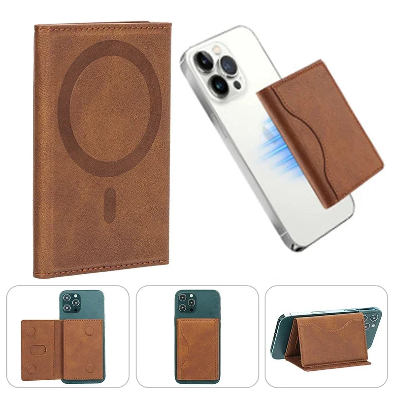 Brown PU leather card holder with MagSafe-style circular mark, front and back