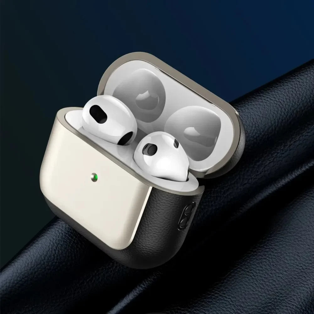White-silver plated lanyard AirPods case open, earbuds seated in protective tray