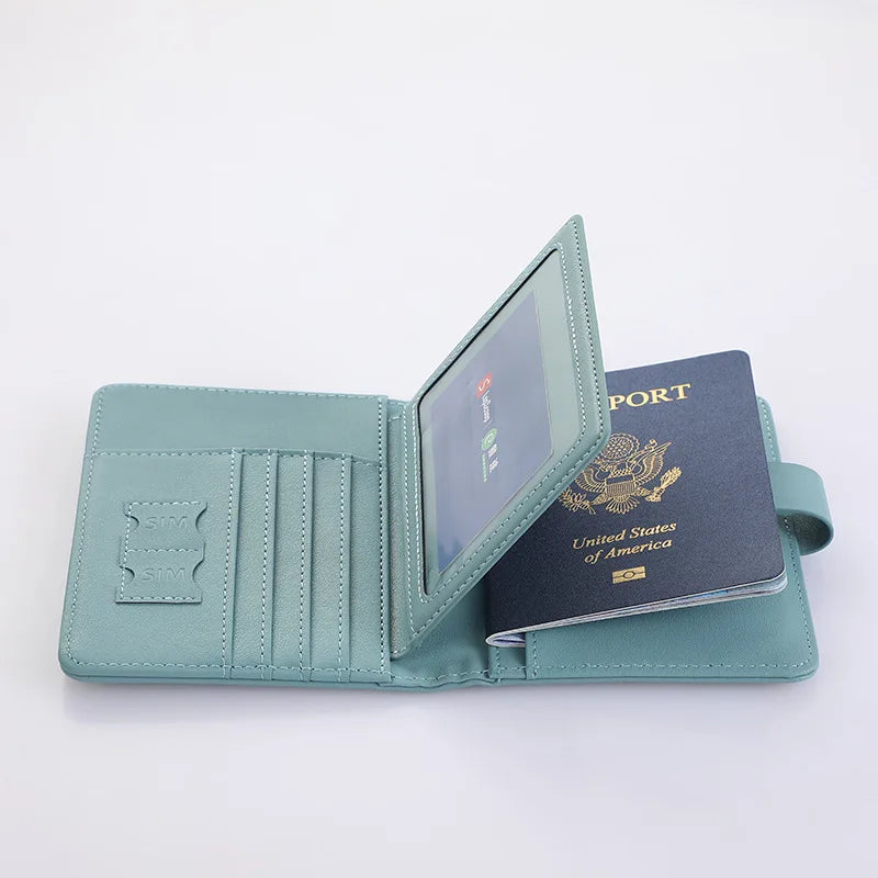 Light blue passport holder opened: SIM slots and passport card sleeve visible