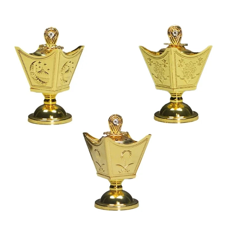 Gold metal incense holder shown in multiple views: crown bowl with gem finial lid