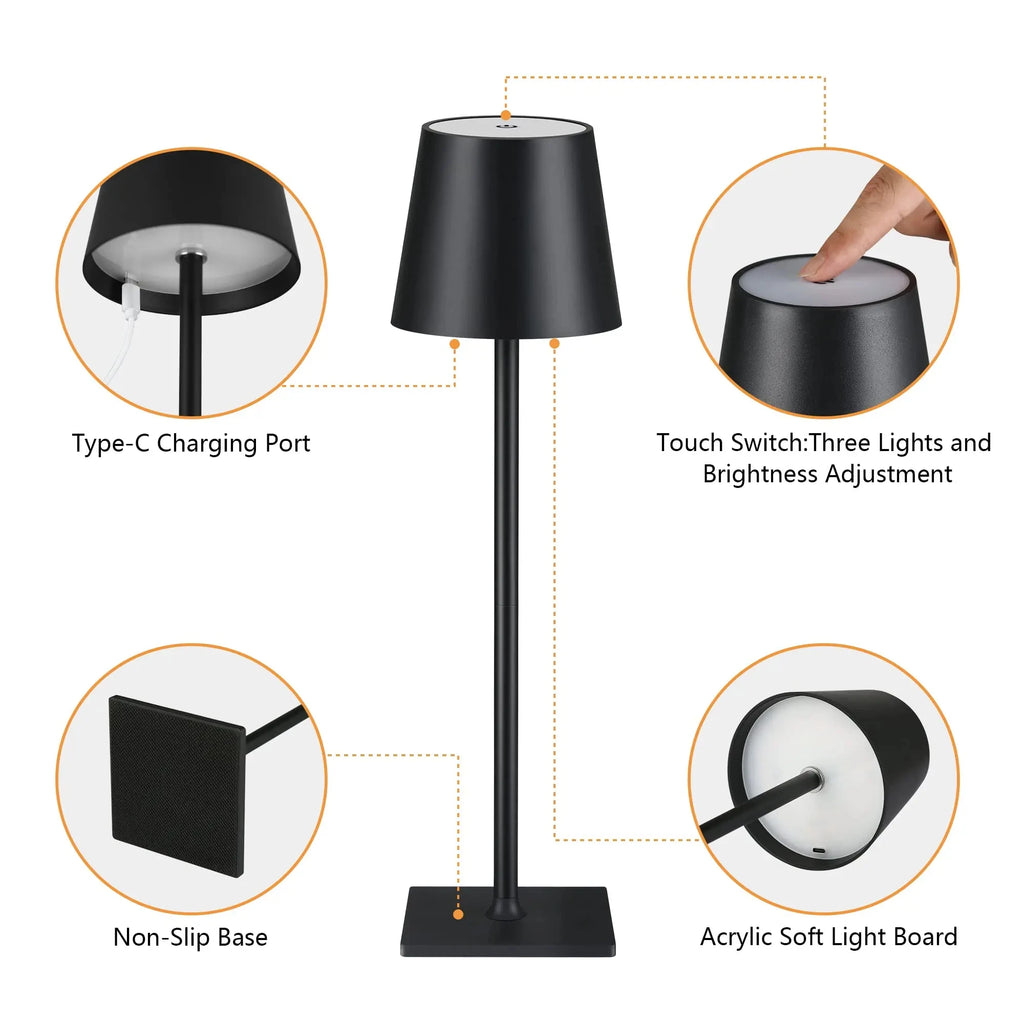 Obsidian LED desk lamp diagram: Type-C charging port, touch switch, non-slip base