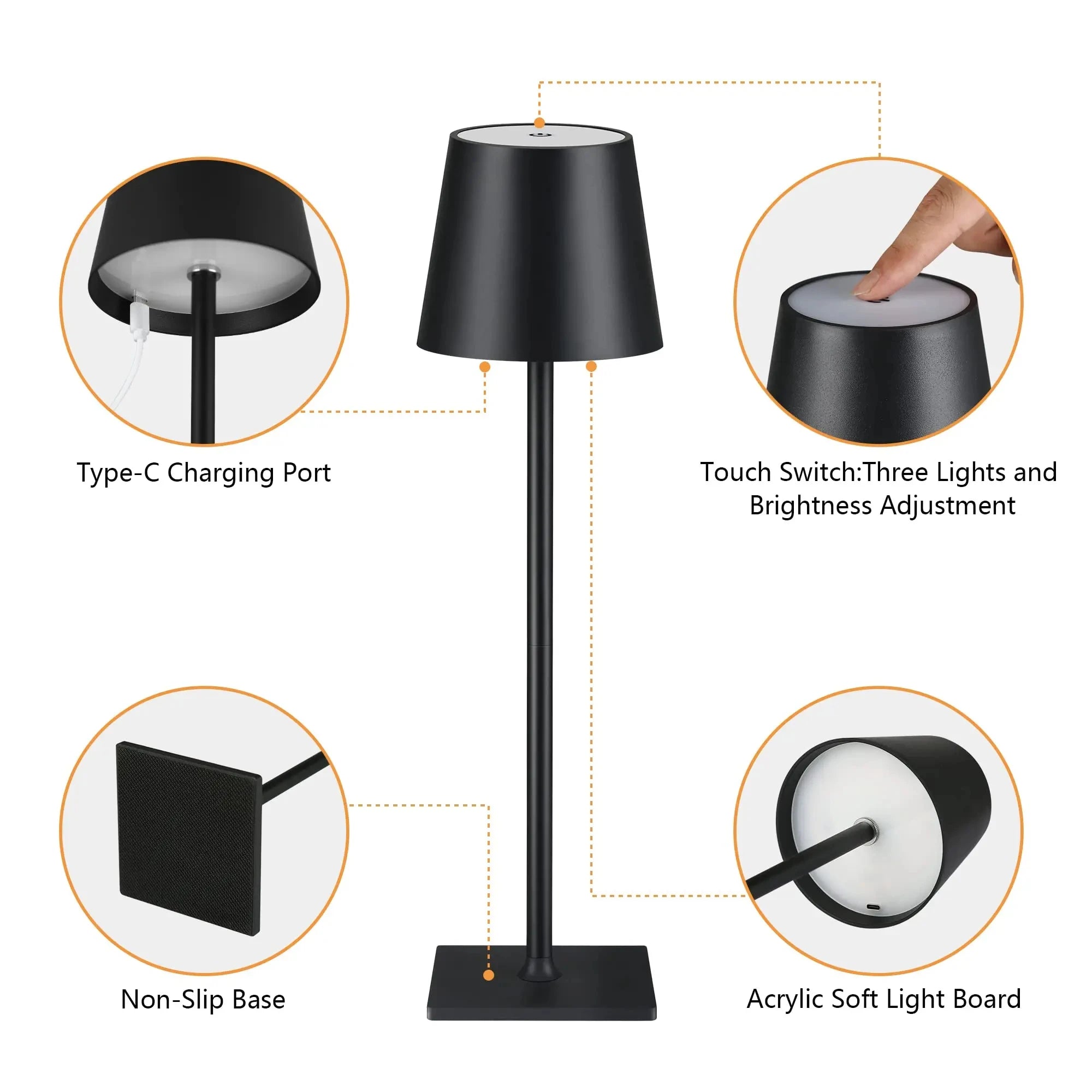 Obsidian LED desk lamp diagram: Type-C charging port, touch switch, non-slip base