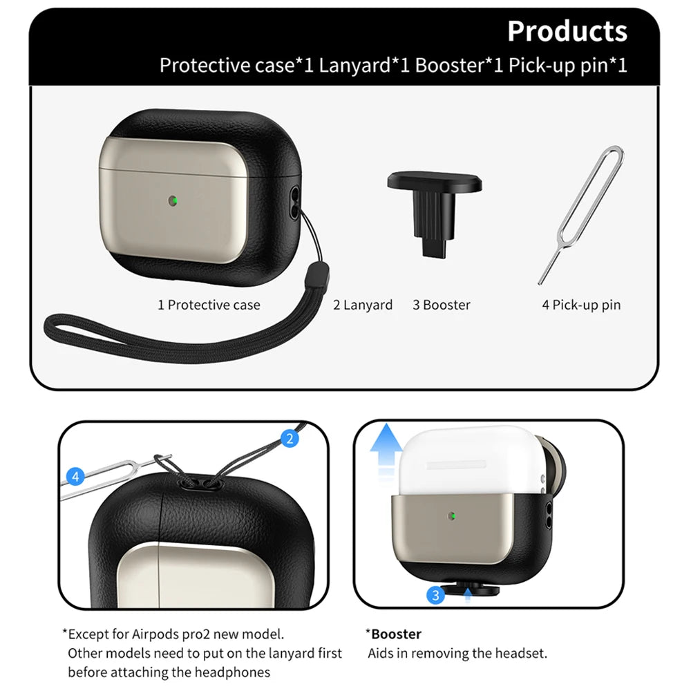 Champagne gold AirPods case with listed accessories: lanyard, booster, and pick-up pin