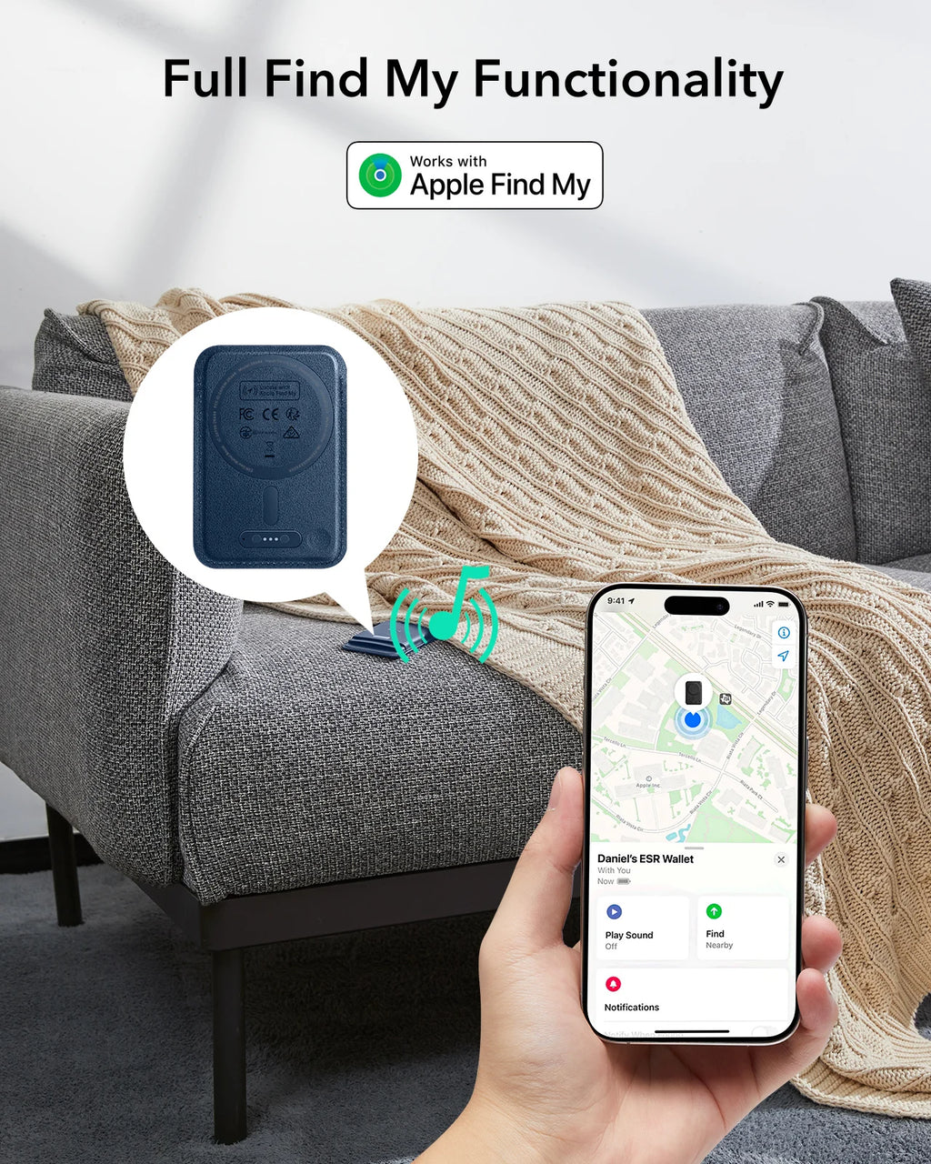 Find My Wallet dunkelblau, integrierter Tracker-Button mit Apple Find My Symbol