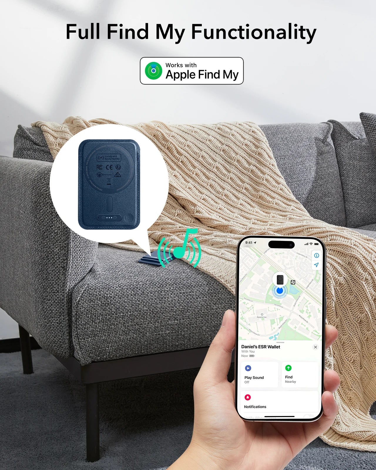Find My Wallet dunkelblau, integrierter Tracker-Button mit Apple Find My Symbol