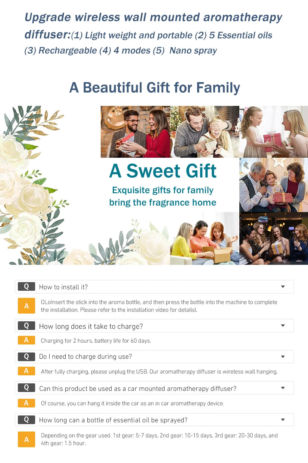 Aroma diffuser info page with gift details and installation and charging questions