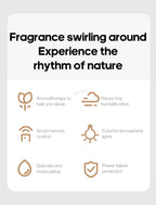 Feature infographic for aroma diffuser: remote control, misting, lighting, protection
