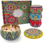 Scented candle set with patterned tins and decorative gift box