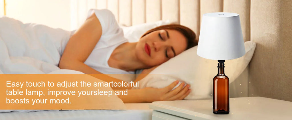 Wine bottle LED table lamp with white shade, easy touch control design
