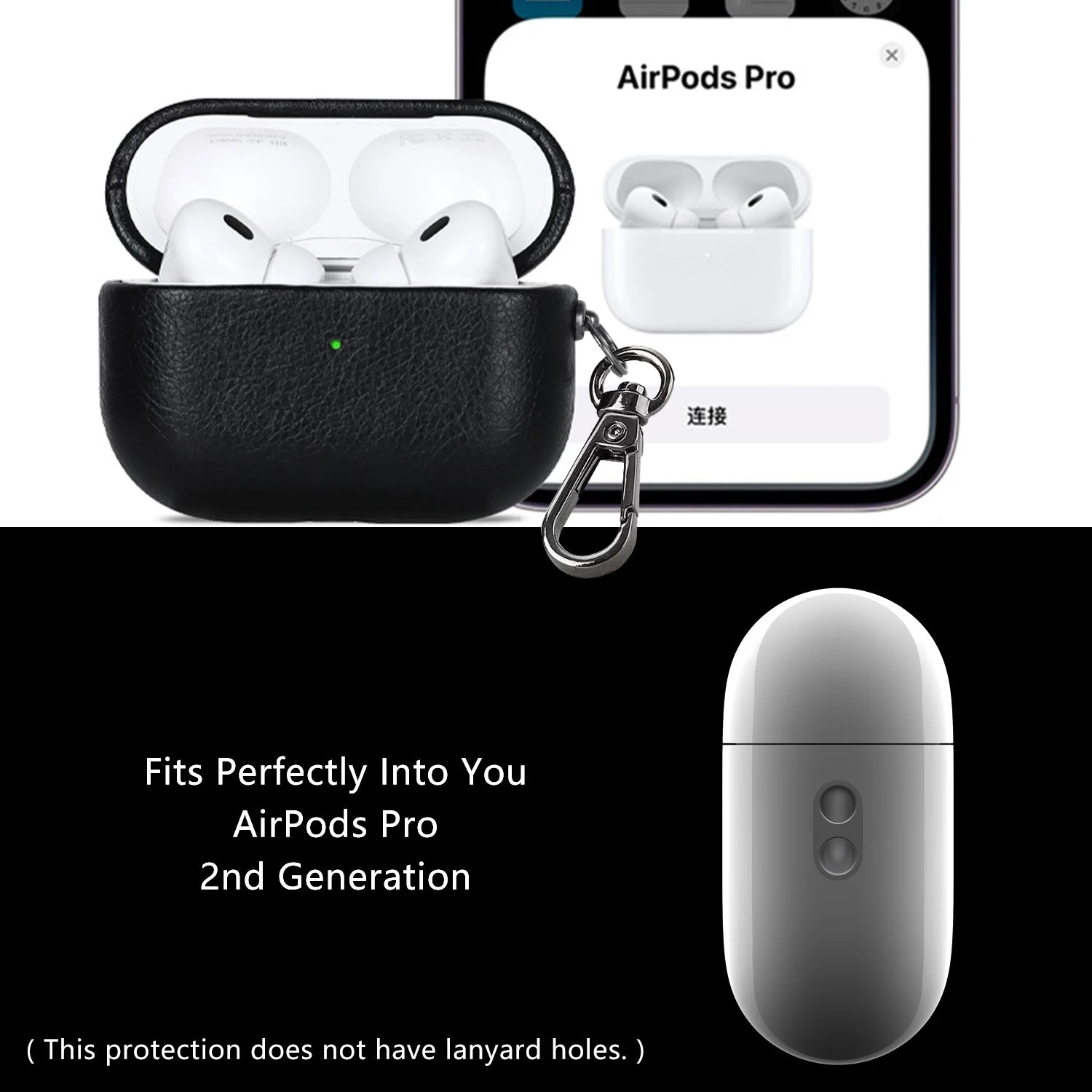 Leather AirPods Pro 2 case with carabiner hook, showing earbud cutouts