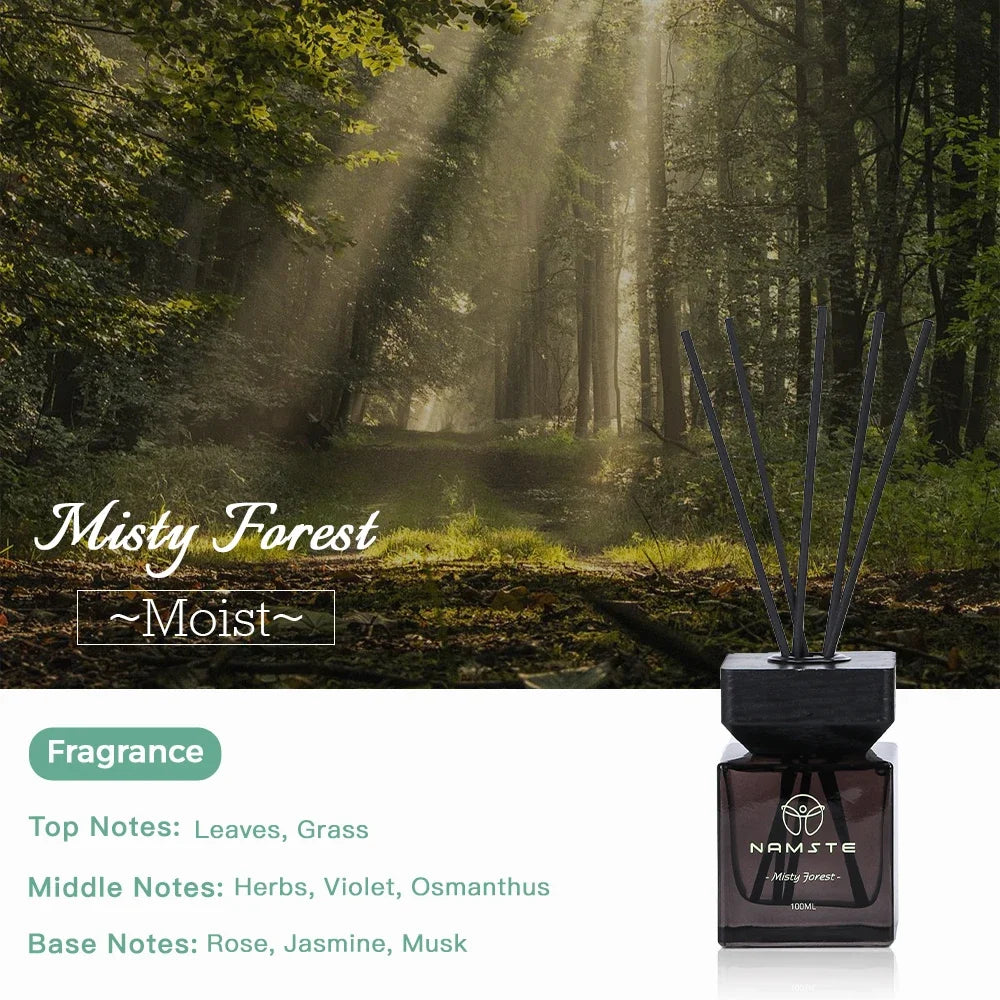 Misty Forest reed diffuser oil set, dark glass bottle with black reeds
