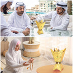 Portable electric incense burner on a table, gold star-shaped design