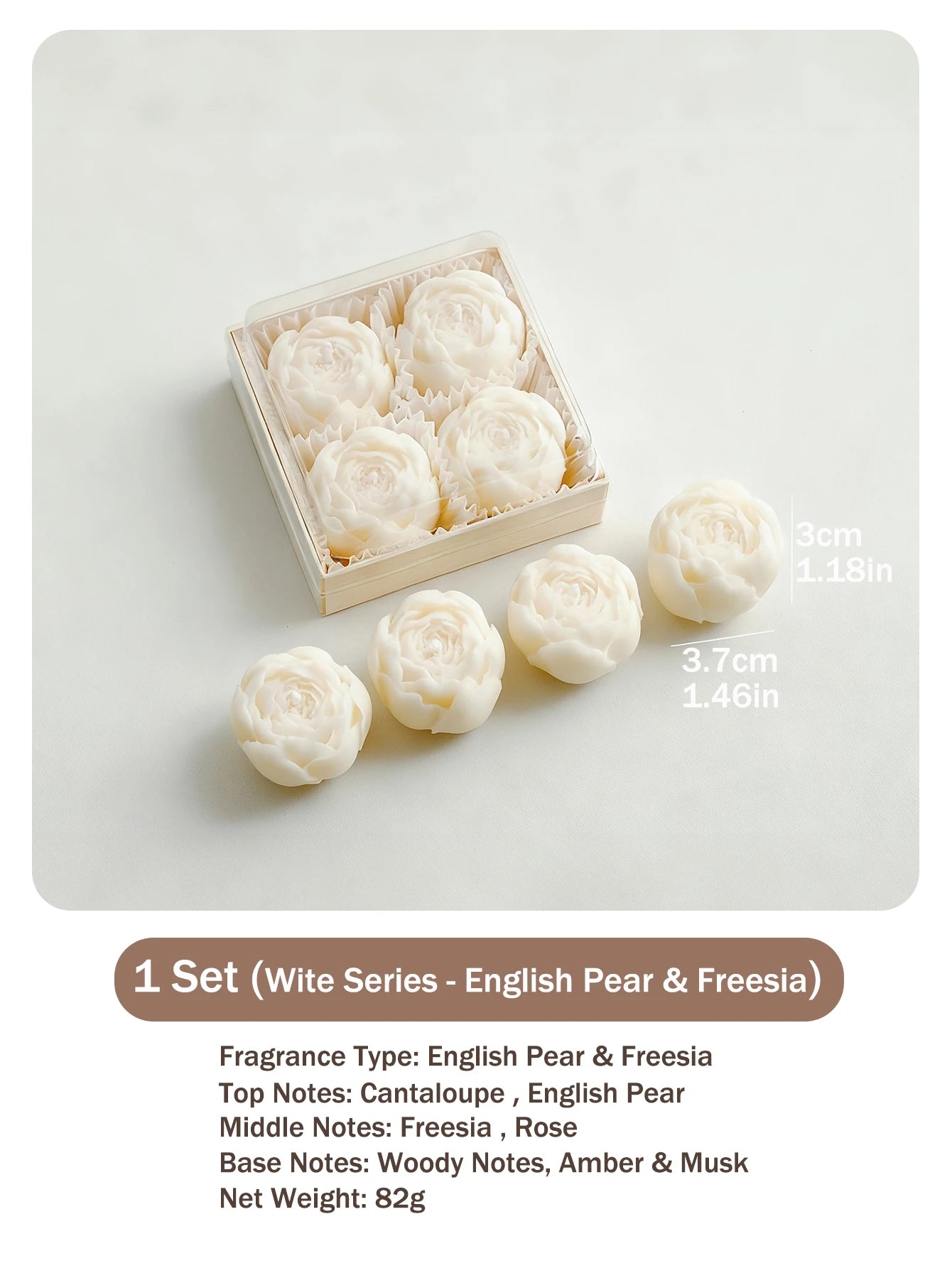 White rose wax candles in a wooden gift box, 4-pack