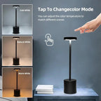 Classic stepless dimming table lamp with dark base and stem; tap for color modes