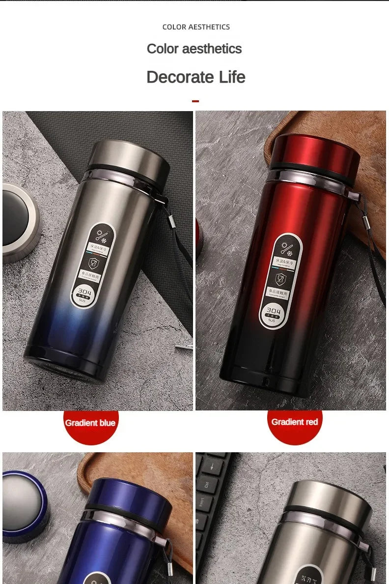 Gradient blue and gradient red LED thermos flasks with temperature window