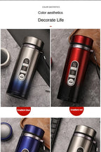 Gradient blue and gradient red LED thermos flasks with temperature window