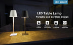 Portable cordless LED table lamp with white and black shades, touch control and USB charging