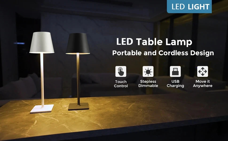 Portable cordless LED table lamp with white and black shades, touch control and USB charging