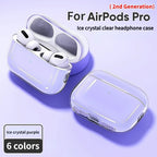 Ice-crystal clear purple AirPods Pro 2 TPU case, earbuds inside