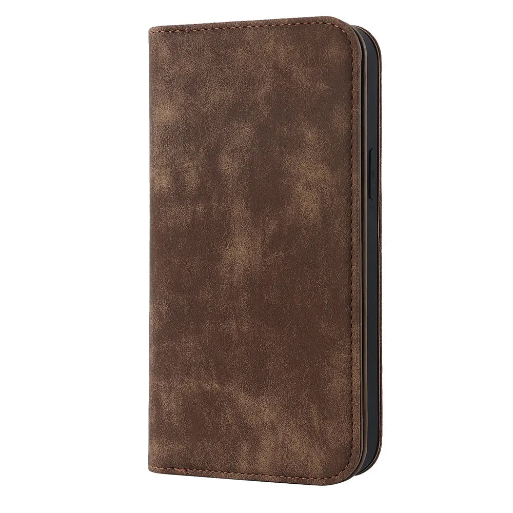 Cognac brown MagSafe flip wallet case with textured finish, closed