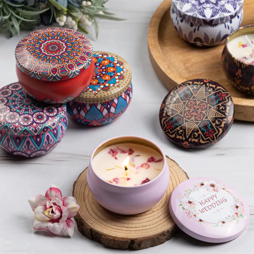 Vintage jar scented candle set with open purple lid jar and pink floral wax