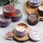 Vintage jar scented candle set with open purple lid jar and pink floral wax