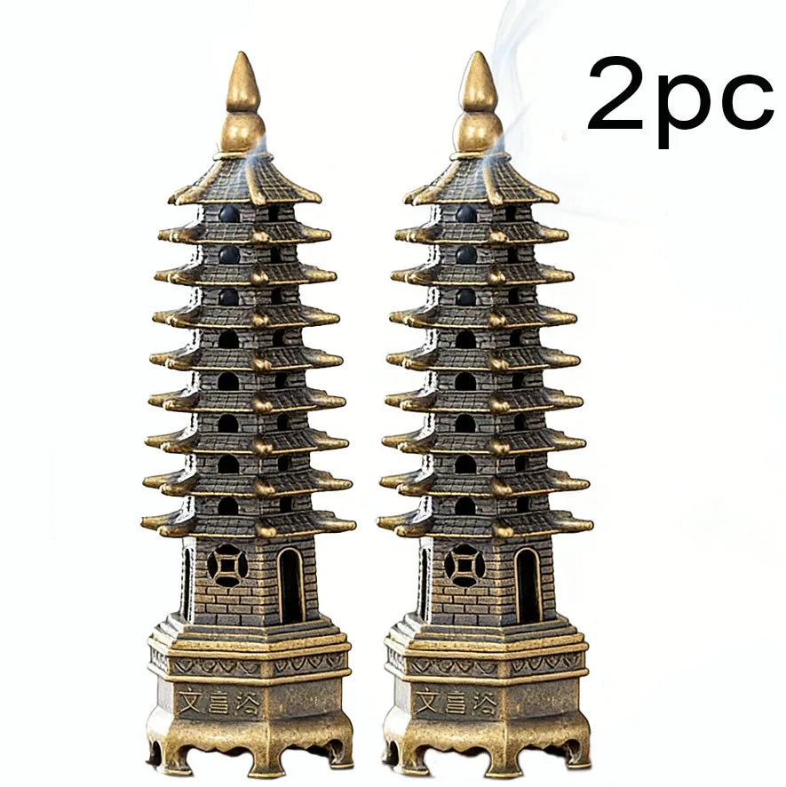 Twin tower incense stand set of 2 with gold finials and dark blue tiers