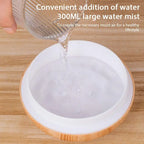 Mini vase humidifier with open white water tank and light wood rim