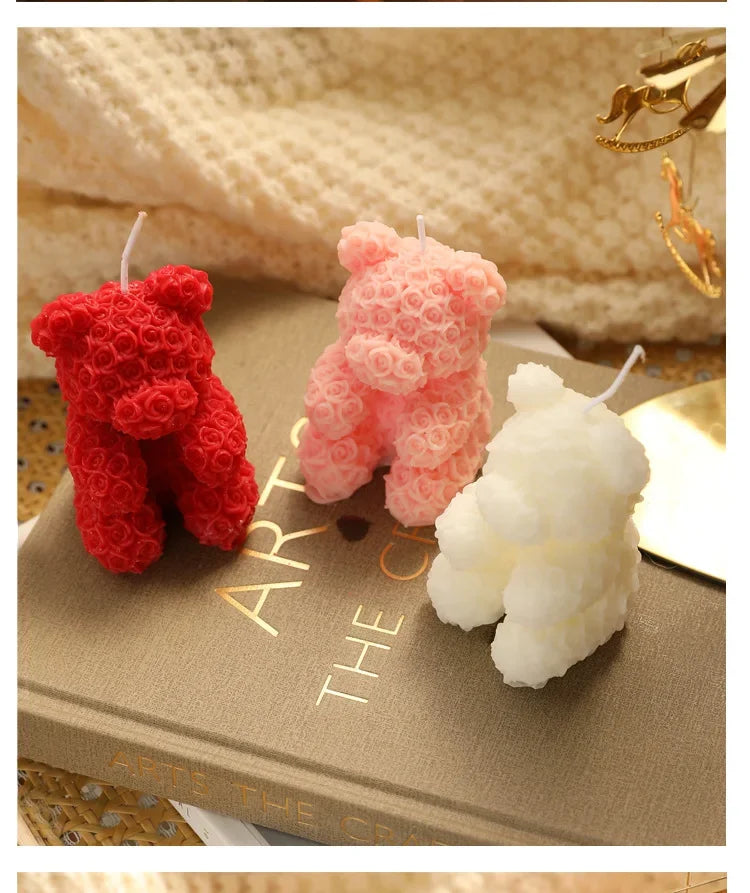 Rose bear scented candle set: red, pink, and ivory bear candles on the same base