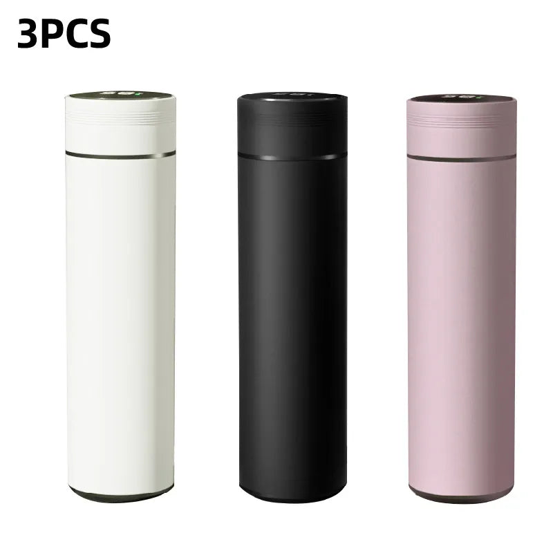 3-pack smart thermos flasks in white, black, and pink with digital display tops