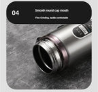 LED thermos flask with smooth round cup mouth; stainless steel rim