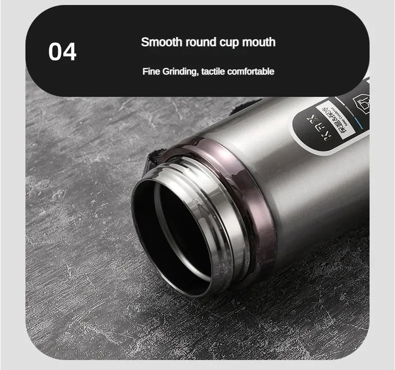 LED thermos flask with smooth round cup mouth; stainless steel rim