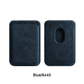 Blue Alcantara MagSafe wallet with textured finish, front and back panels