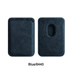Blue Alcantara MagSafe wallet with textured finish, front and back panels