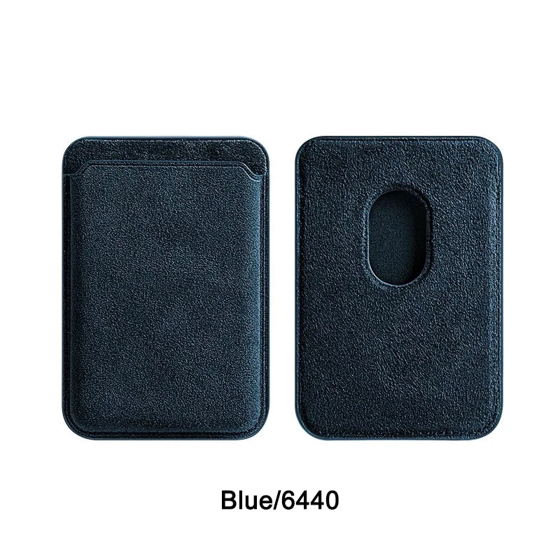 Blue Alcantara MagSafe wallet with textured finish, front and back panels