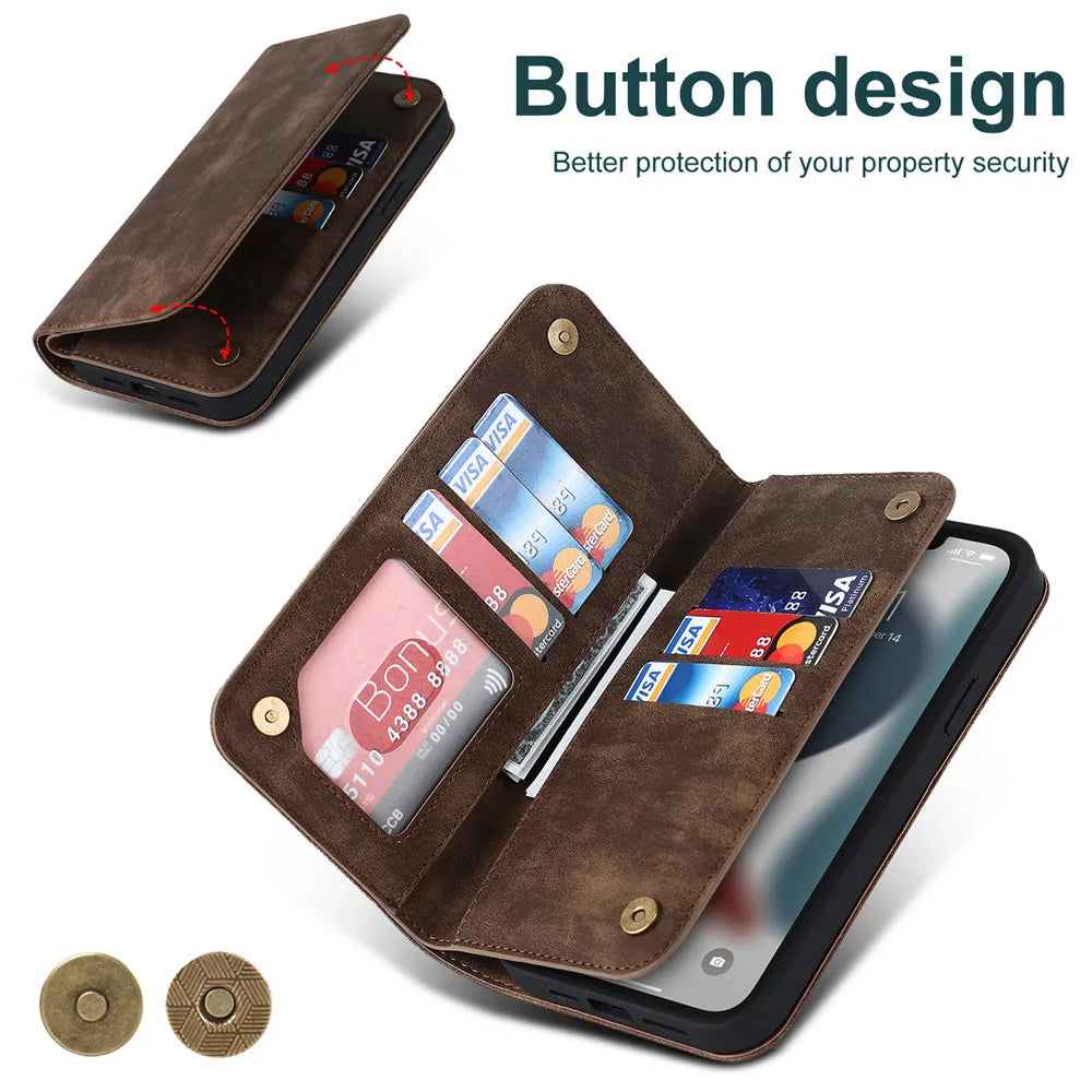 Brown MagSafe flip wallet with card slots, open view on a phone
